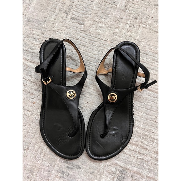 Michael Kors MK Black Leather Wedge Sandals Thong Gold Logo Summer Beach Shoes - Picture 1 of 11